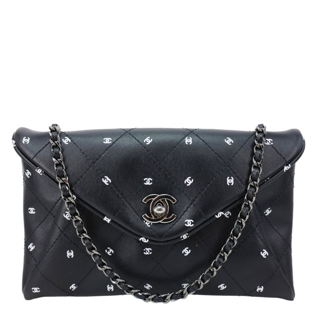 CHANEL CC Envelope Printed Lambskin Leather Chain Clutch Bag Black