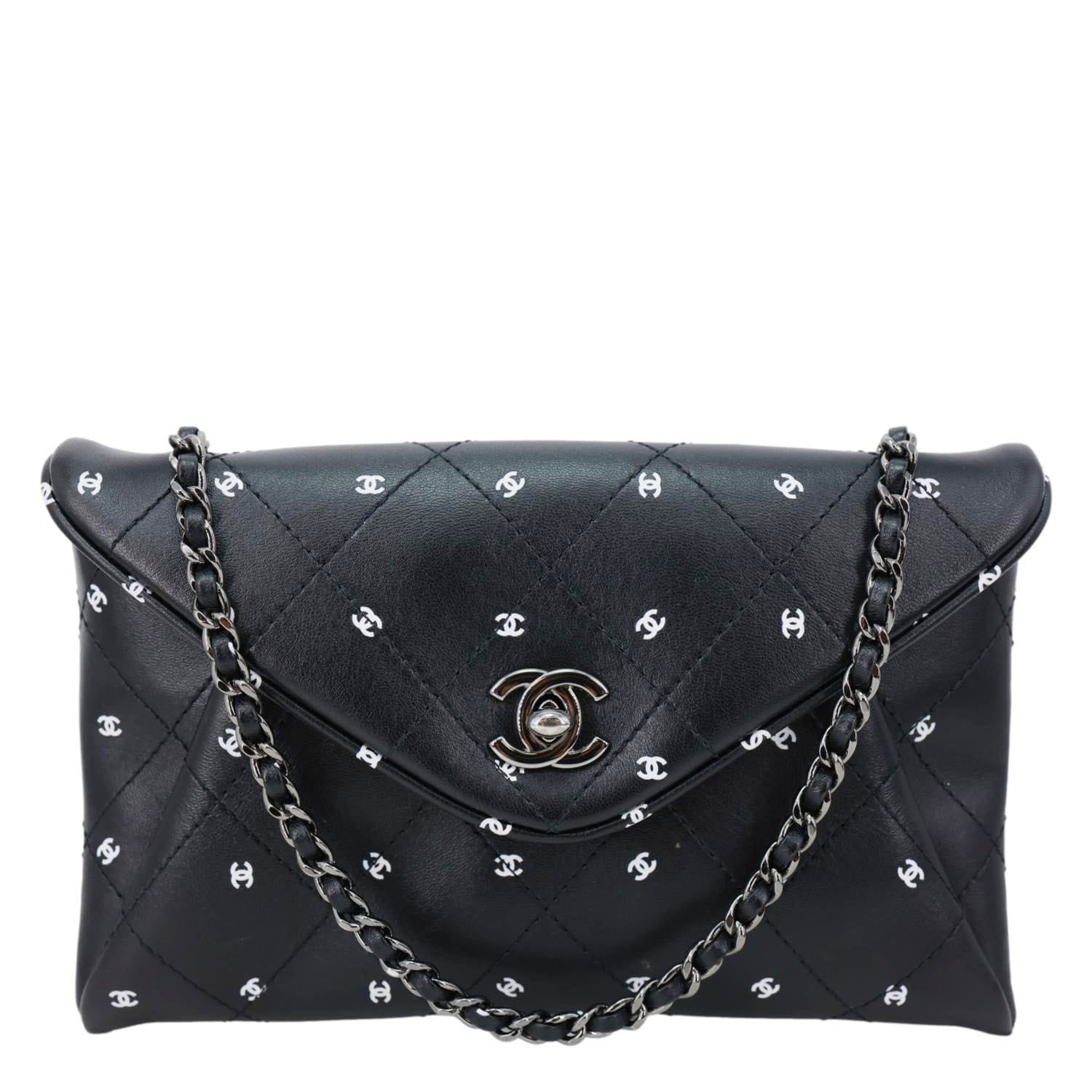 CHANEL CC Envelope Printed Lambskin Leather Chain Clutch Bag Black