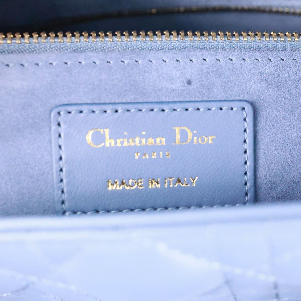 CHRISTIAN DIOR Lady Dior Large Cannage Quilted Lambskin Leather Shoulder Bag Blue
