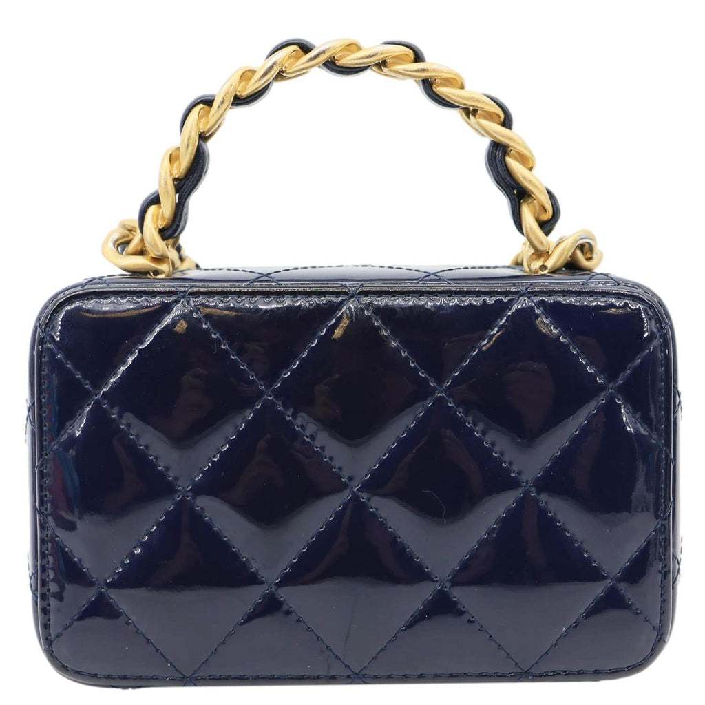 CHANEL Woven Chain Vanity Case Mini Patent Leather Top Handle Shoulder Bag Blue