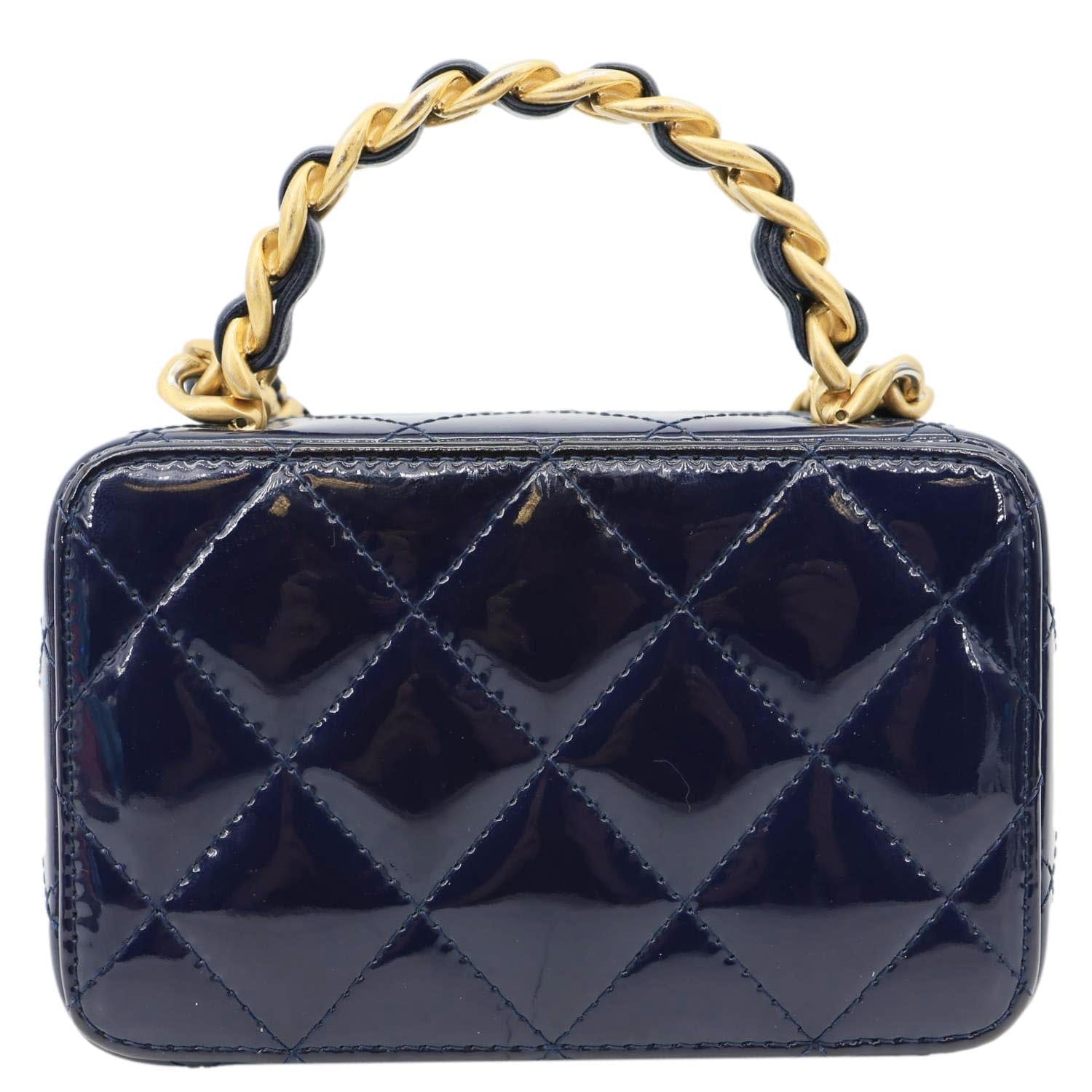 CHANEL Woven Chain Vanity Case Mini Patent Leather Top Handle Shoulder Bag Blue