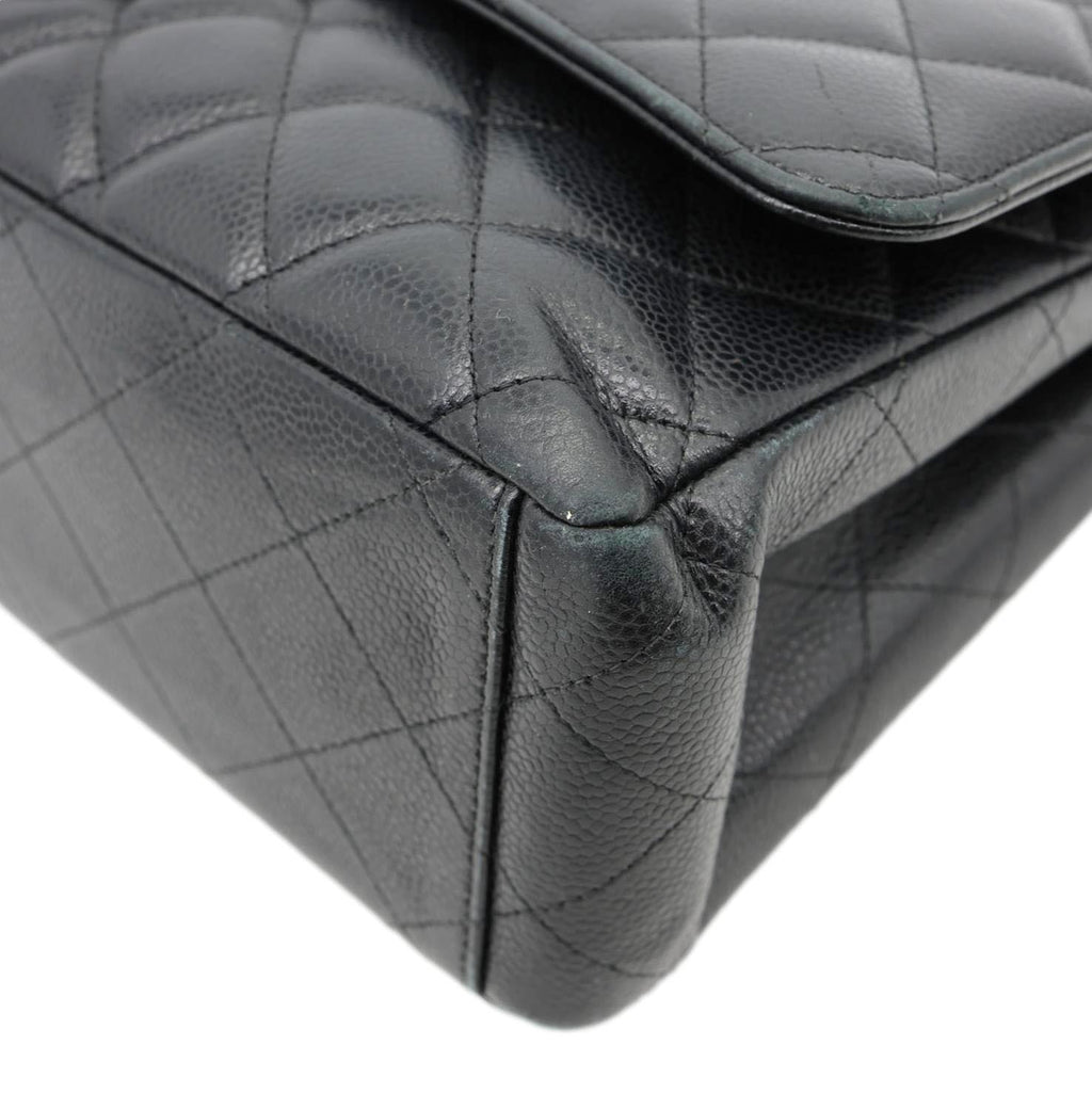 CHANEL Classic Double Flap Maxi Caviar Leather Shoulder Bag Black