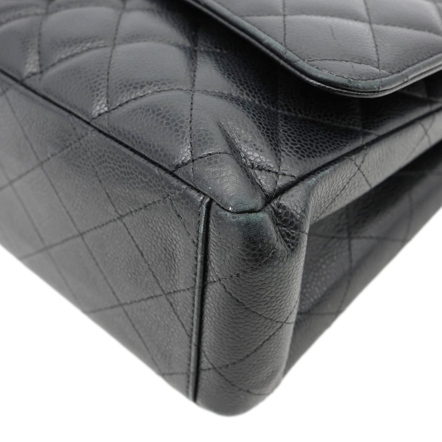 CHANEL Classic Double Flap Maxi Caviar Leather Shoulder Bag Black