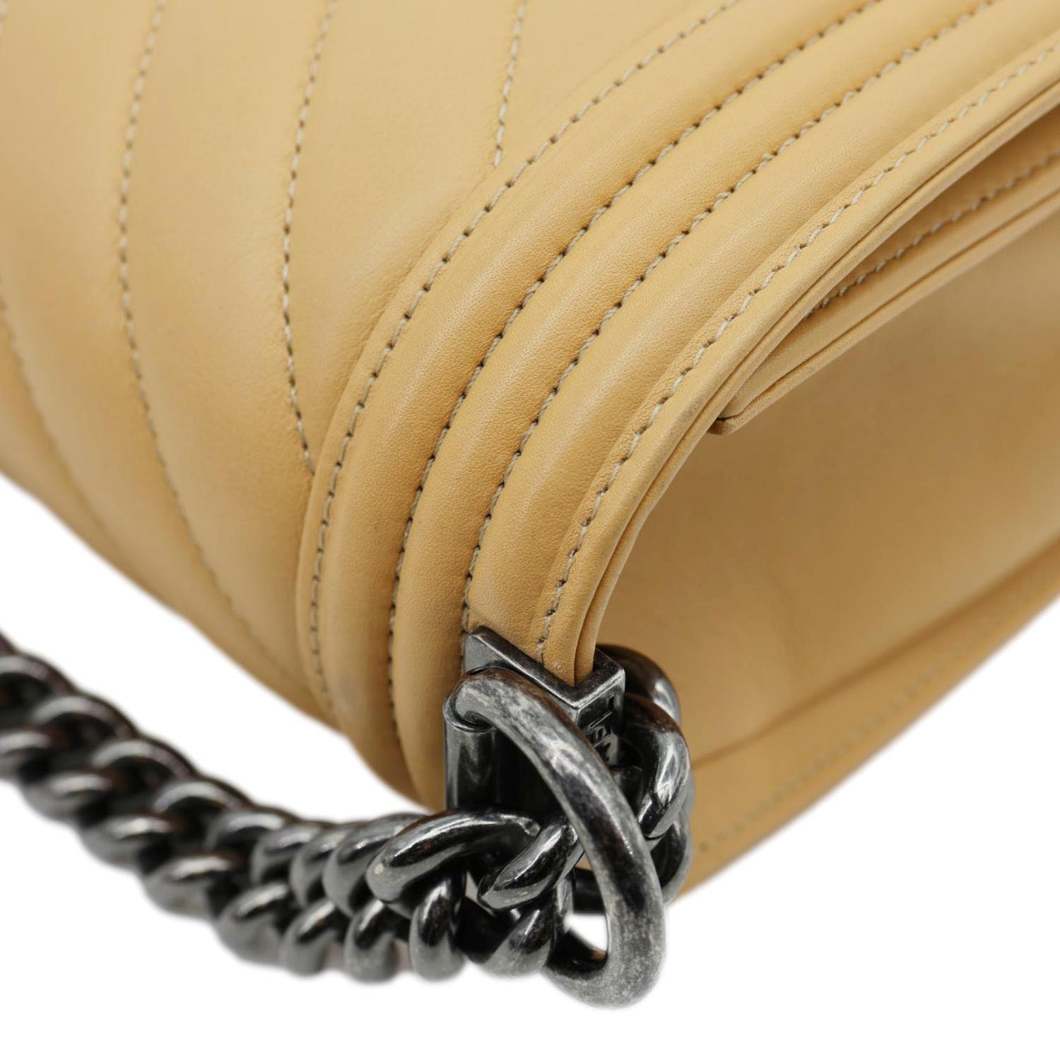 CHANEL Boy Flap Medium Chevron Calfskin Leather Chain Shoulder Bag Beige