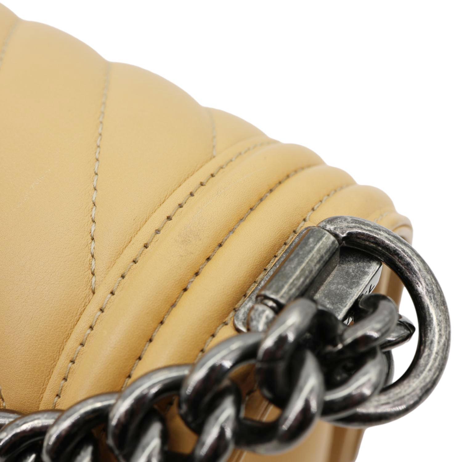 CHANEL Boy Flap Medium Chevron Calfskin Leather Chain Shoulder Bag Beige