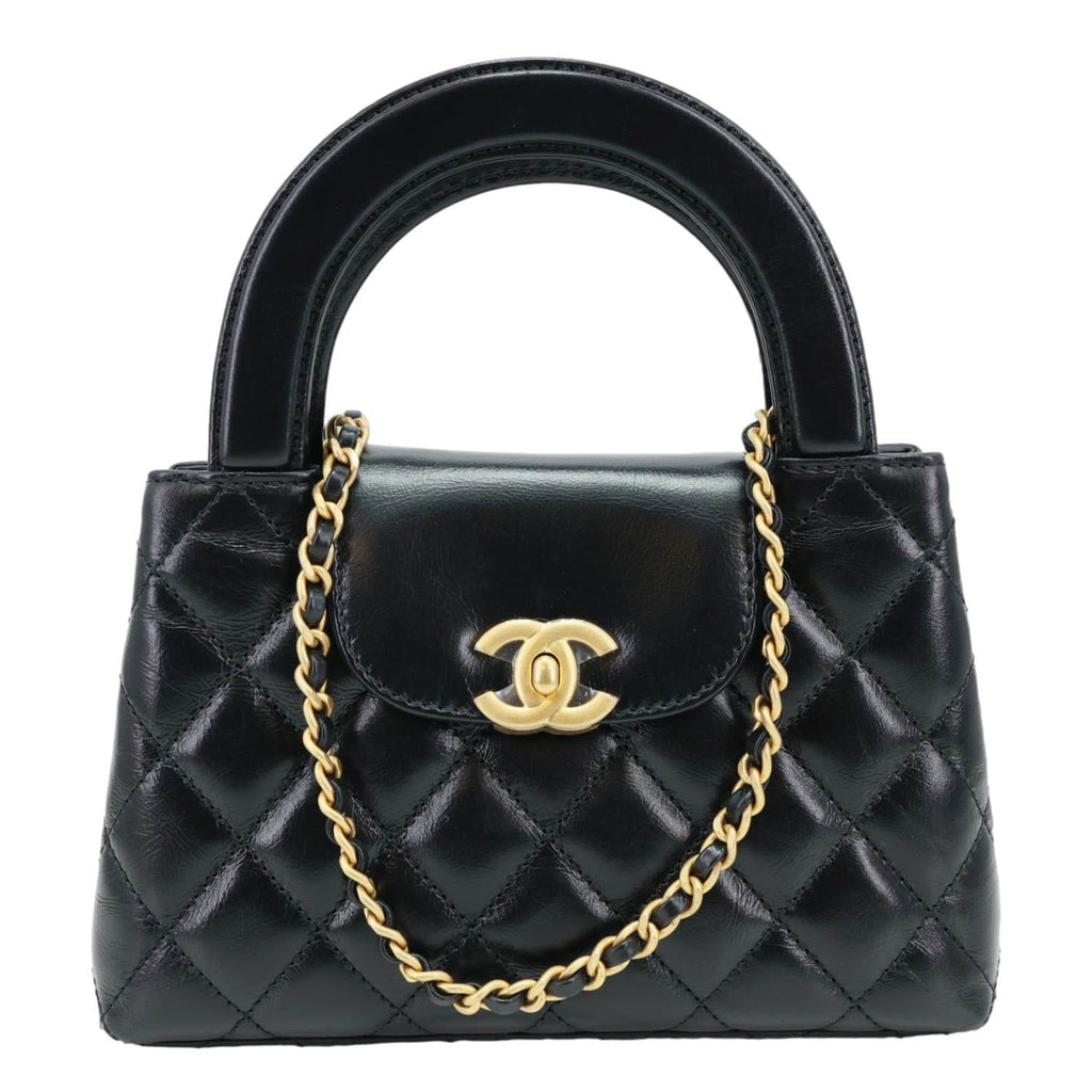 CHANEL Kelly Nano Quilted Aged Calfskin Leather Top Handle Shoulder Bag Black