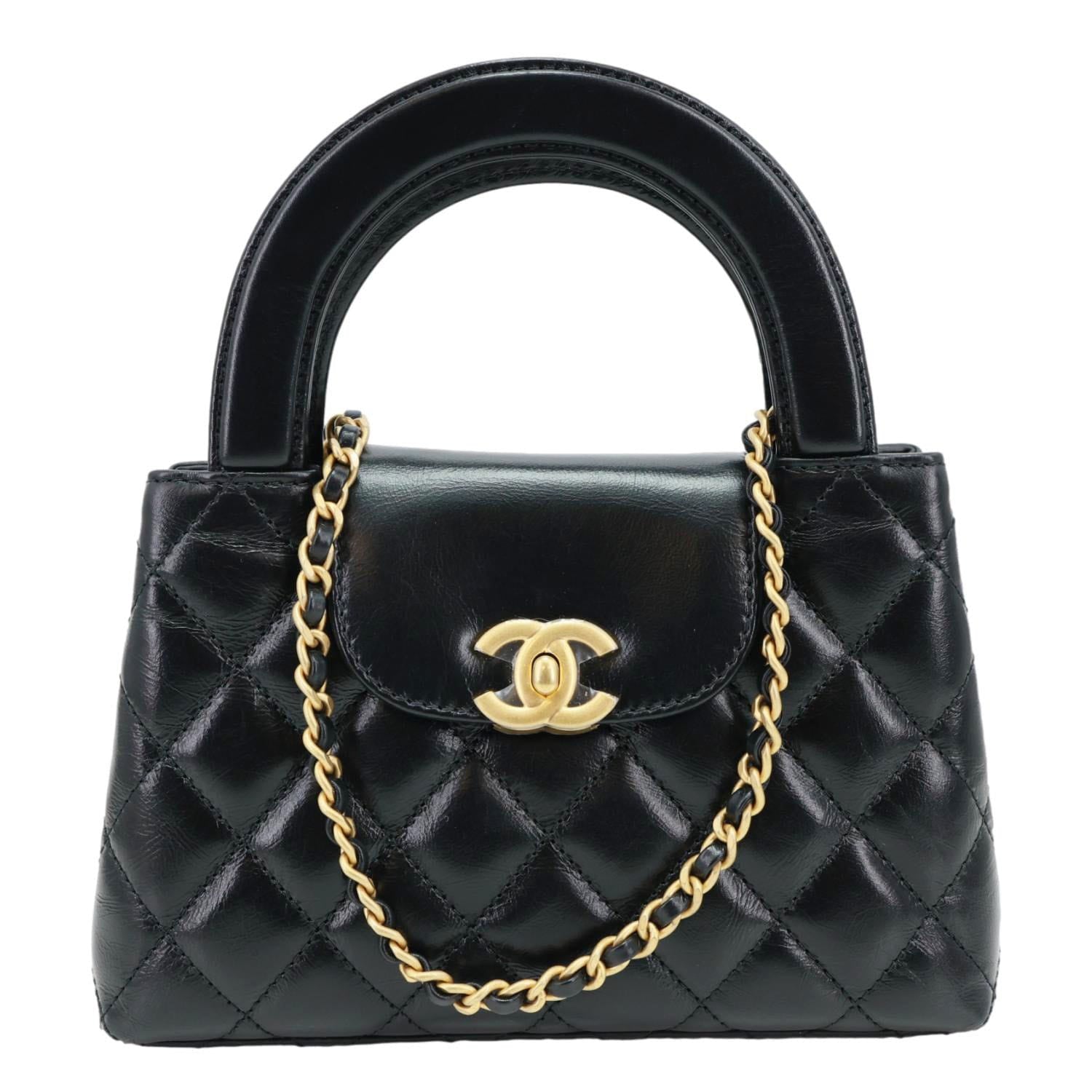 CHANEL Kelly Nano Quilted Aged Calfskin Leather Top Handle Shoulder Bag Black