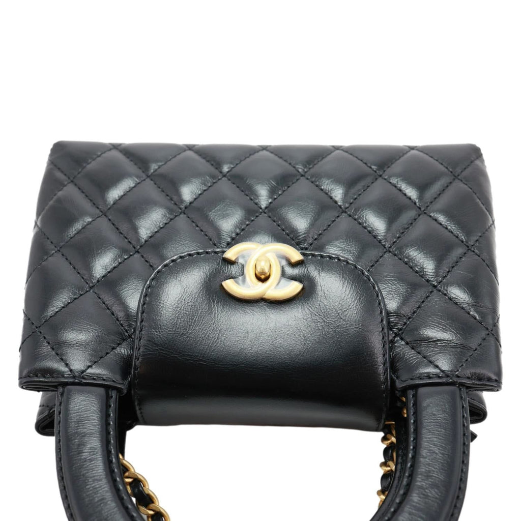 CHANEL Kelly Nano Quilted Aged Calfskin Leather Top Handle Shoulder Bag Black