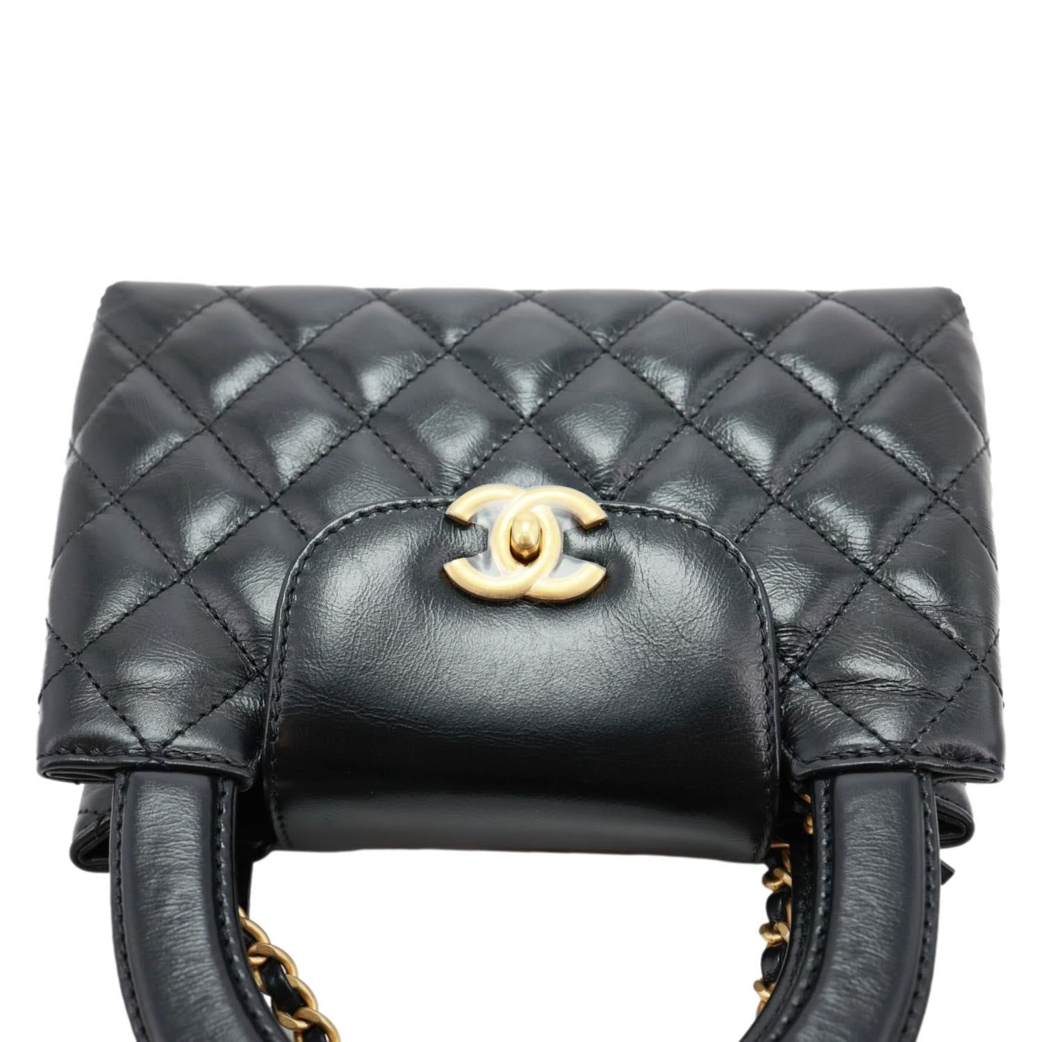 CHANEL Kelly Nano Quilted Aged Calfskin Leather Top Handle Shoulder Bag Black