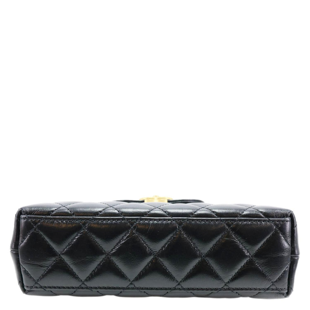 CHANEL Kelly Nano Quilted Aged Calfskin Leather Top Handle Shoulder Bag Black