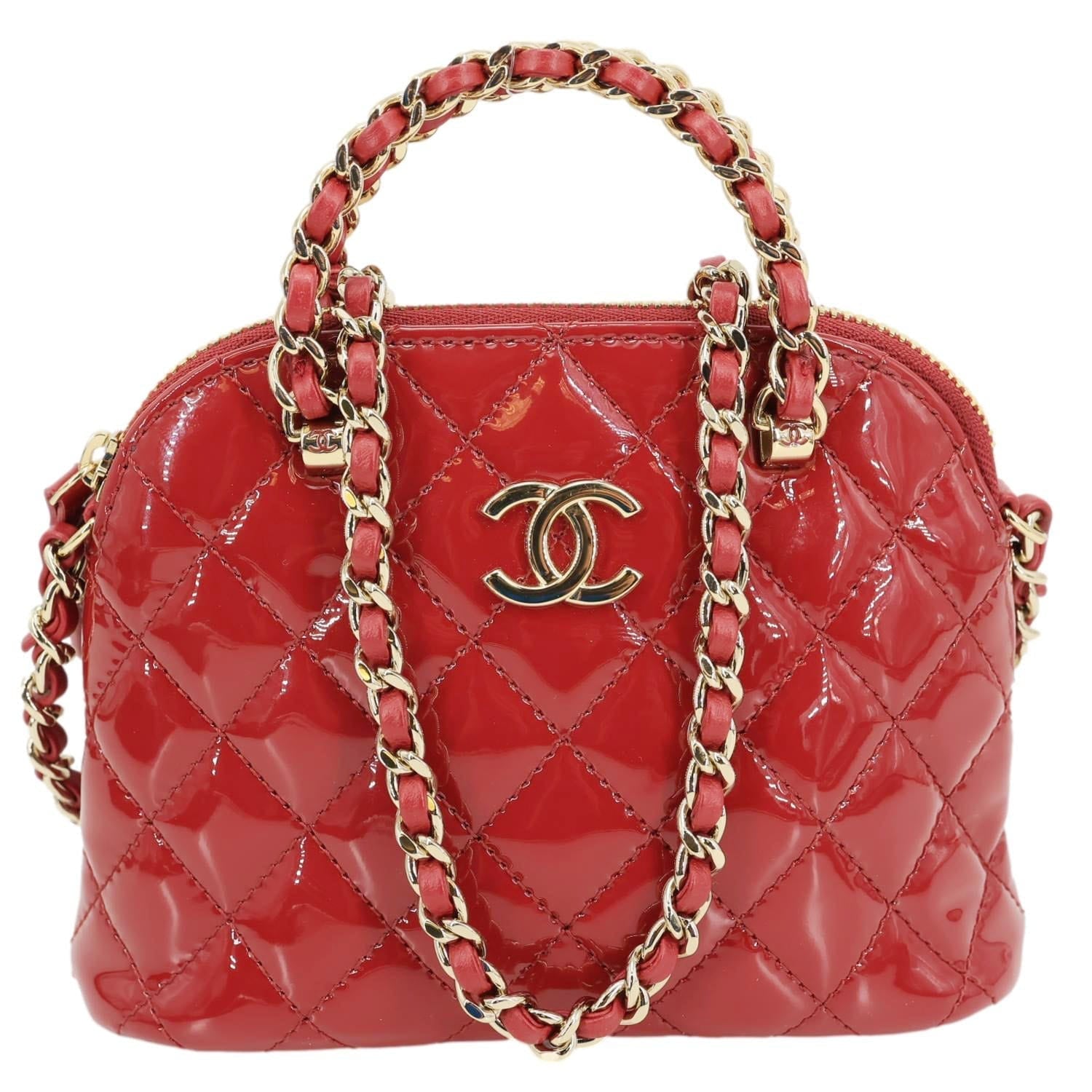 CHANEL Coco Quilted Calfskin Patent Leather Clutch With Chain Red