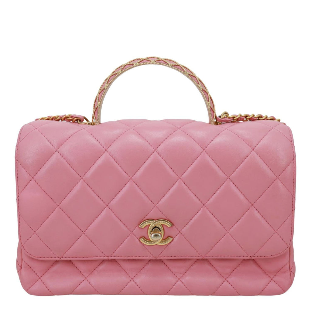 CHANEL Top Handle WOC Quilted Lambskin Leather Wallet On Chain Shoulder Bag Pink