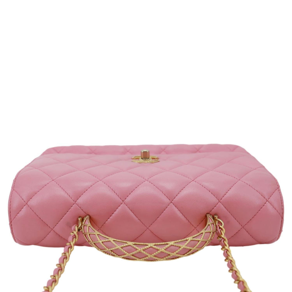 CHANEL Top Handle WOC Quilted Lambskin Leather Wallet On Chain Shoulder Bag Pink