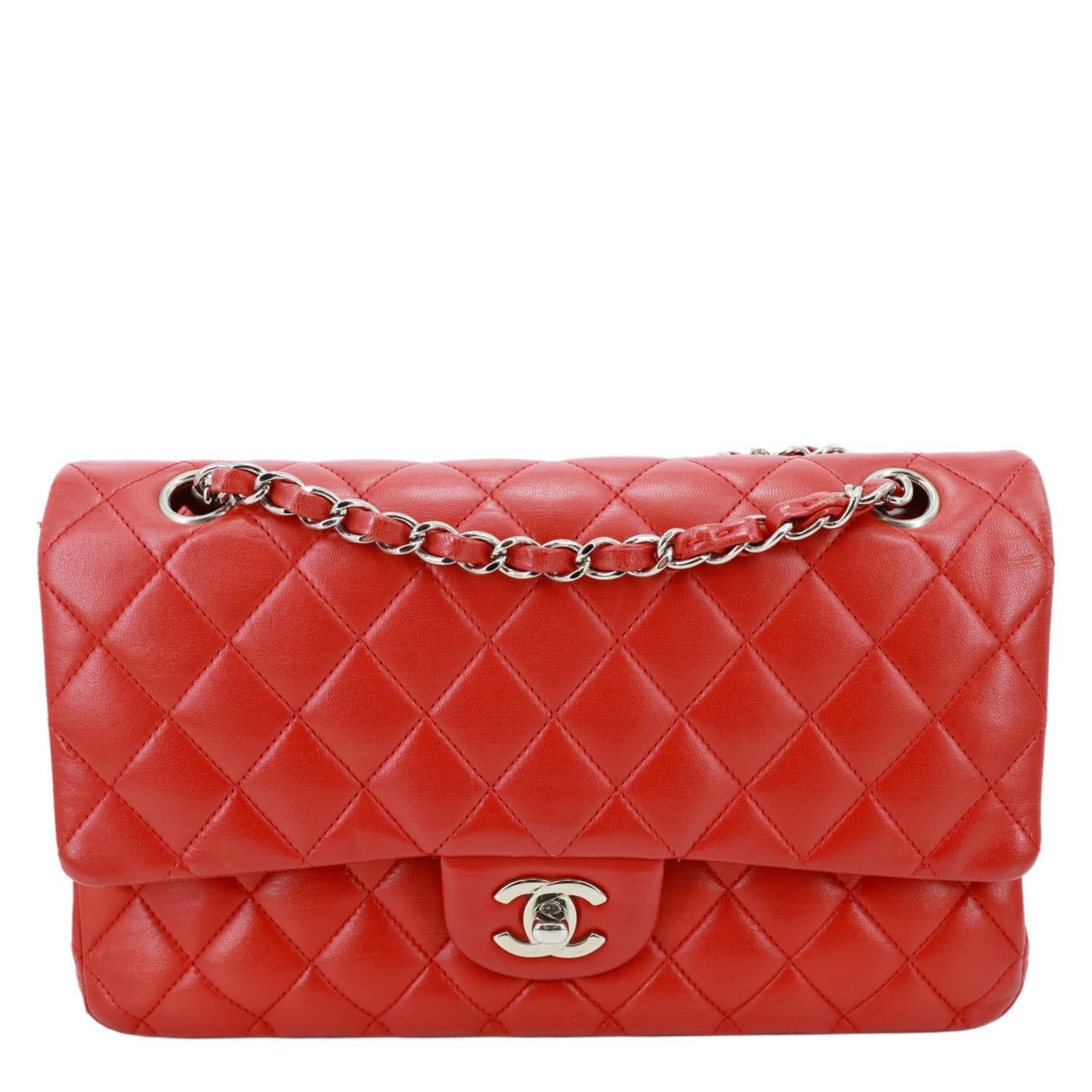 CHANEL Classic Double Flap Medium Quilted Lambskin Leather Shoulder Bag Red