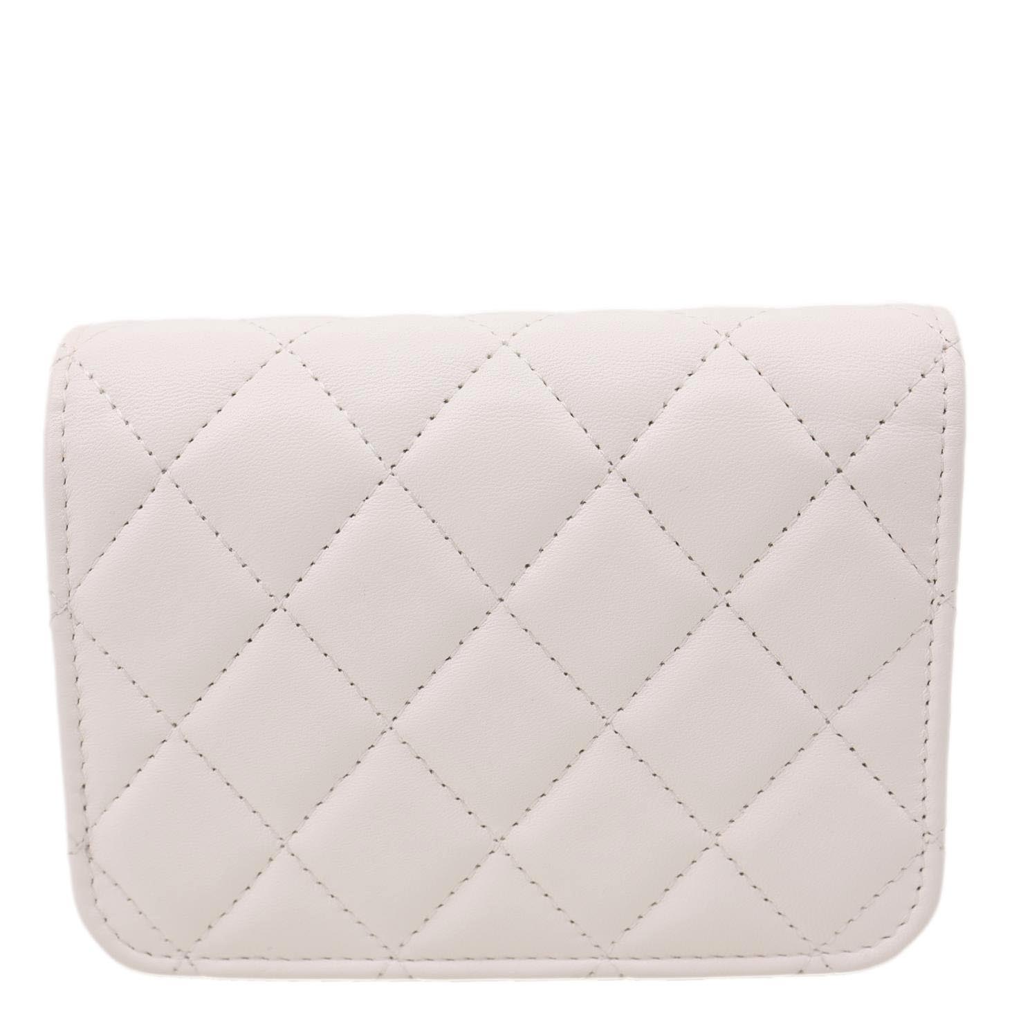 CHANEL Pearl Crush Flap Quilted Lambskin Leather Clutch With Chain White