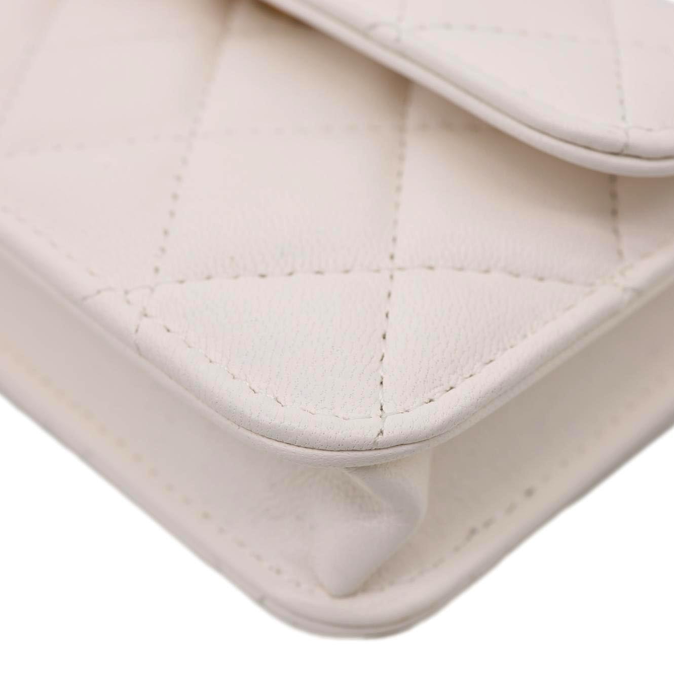 CHANEL Pearl Crush Flap Quilted Lambskin Leather Clutch With Chain White