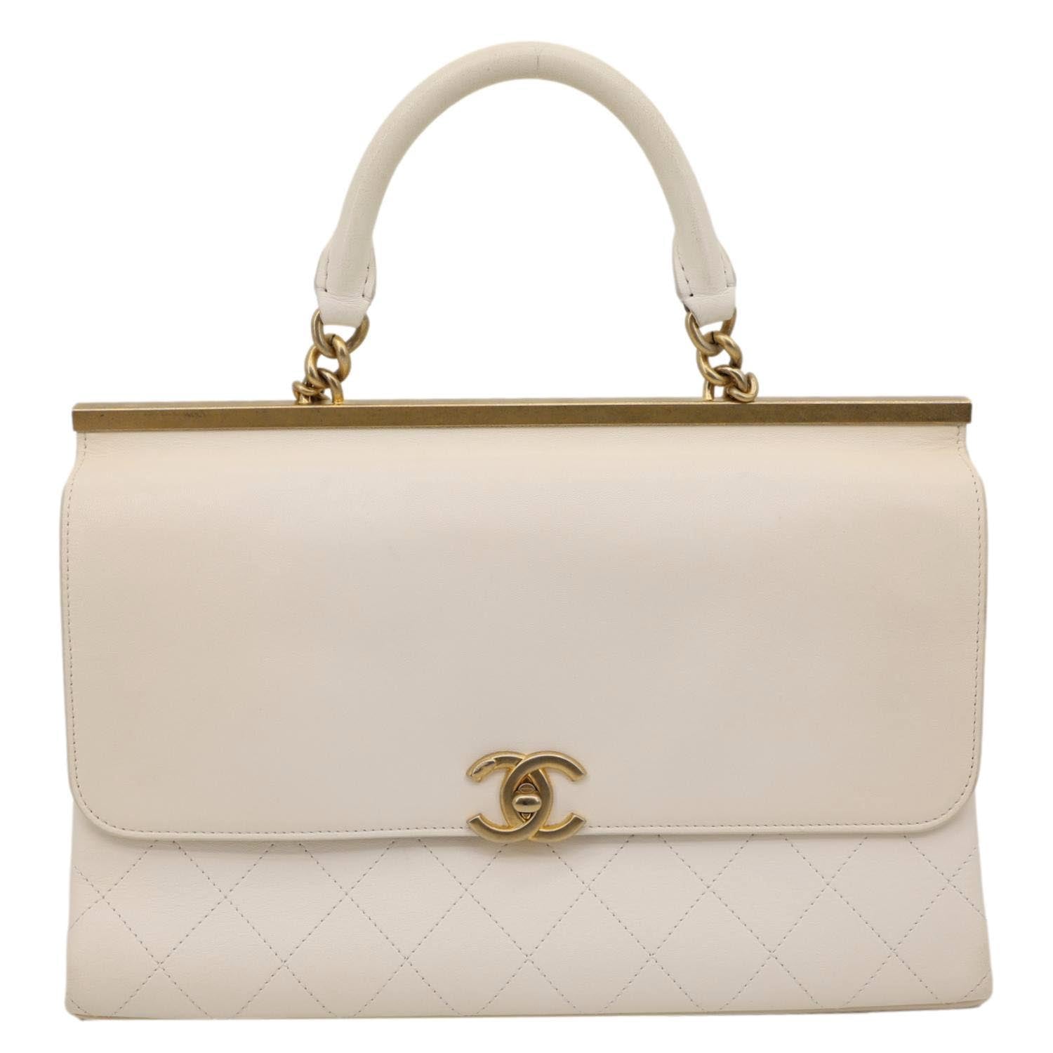 CHANEL Coco Luxe Flap Quilted Lambskin Leather Top Handle Shoulder Bag White