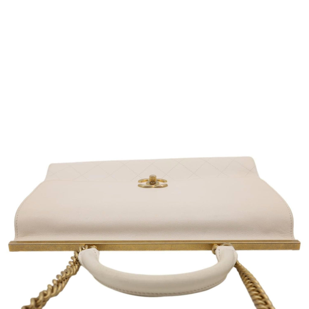 CHANEL Coco Luxe Flap Quilted Lambskin Leather Top Handle Shoulder Bag White