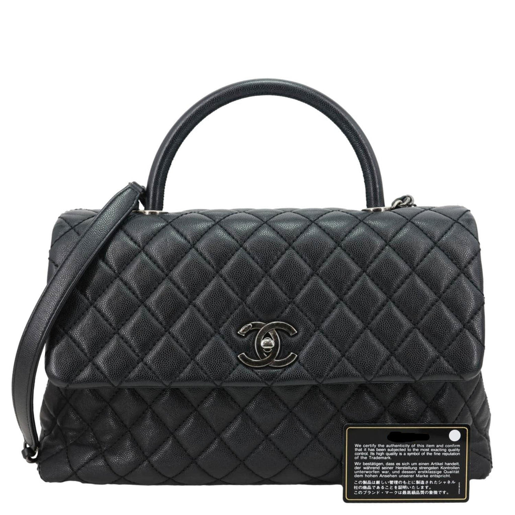 CHANEL Coco Flap Medium Quilted Caviar Leather Top Handle Shoulder Bag Black