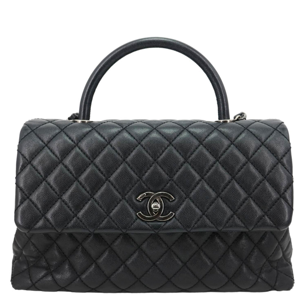 CHANEL Coco Flap Medium Quilted Caviar Leather Top Handle Shoulder Bag Black