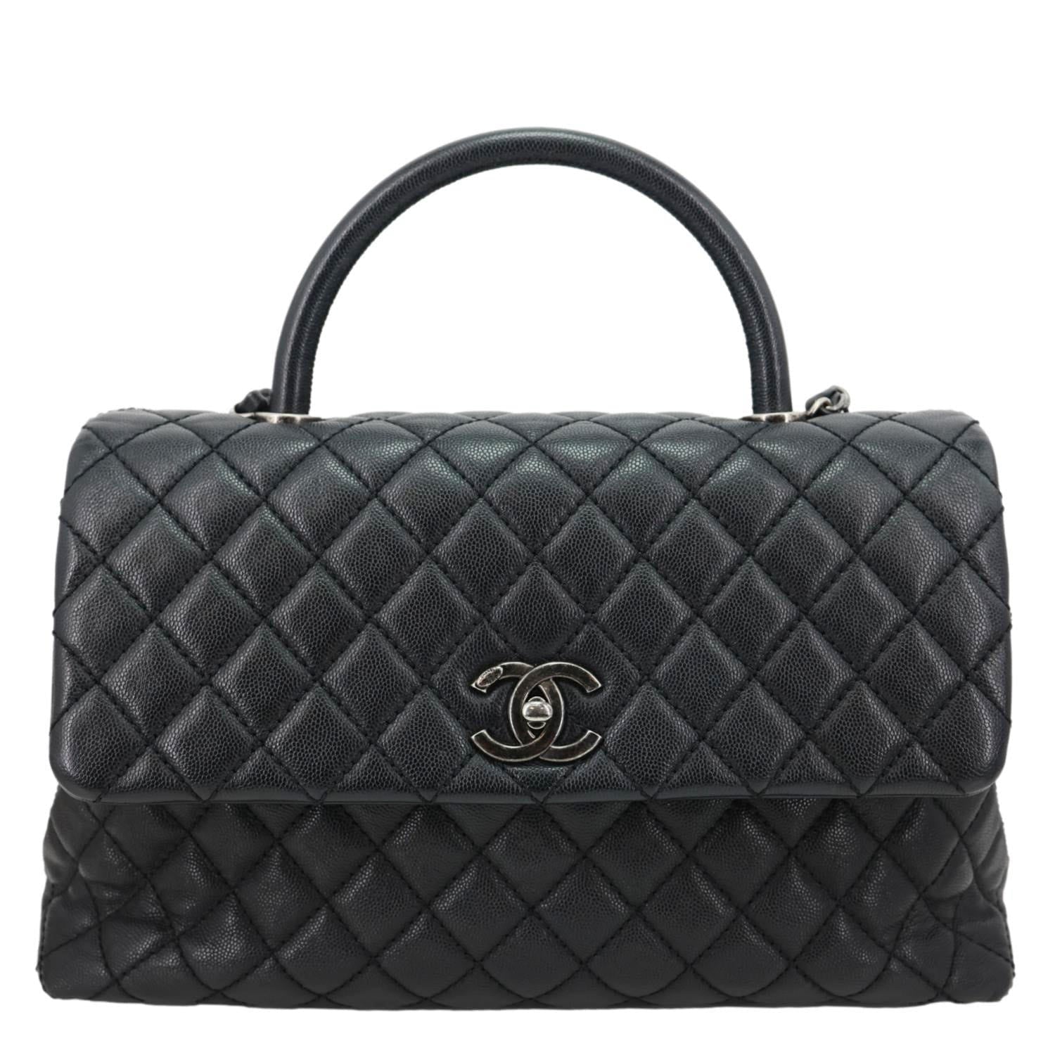 CHANEL Coco Flap Medium Quilted Caviar Leather Top Handle Shoulder Bag Black