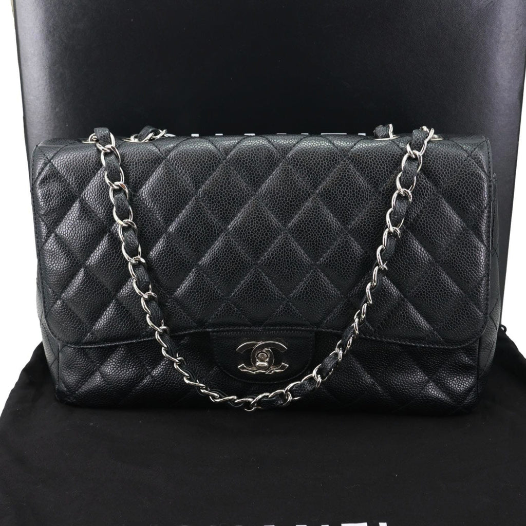 CHANEL Jumbo Classic Single Flap Quilted Caviar Leather Shoulder Bag Black