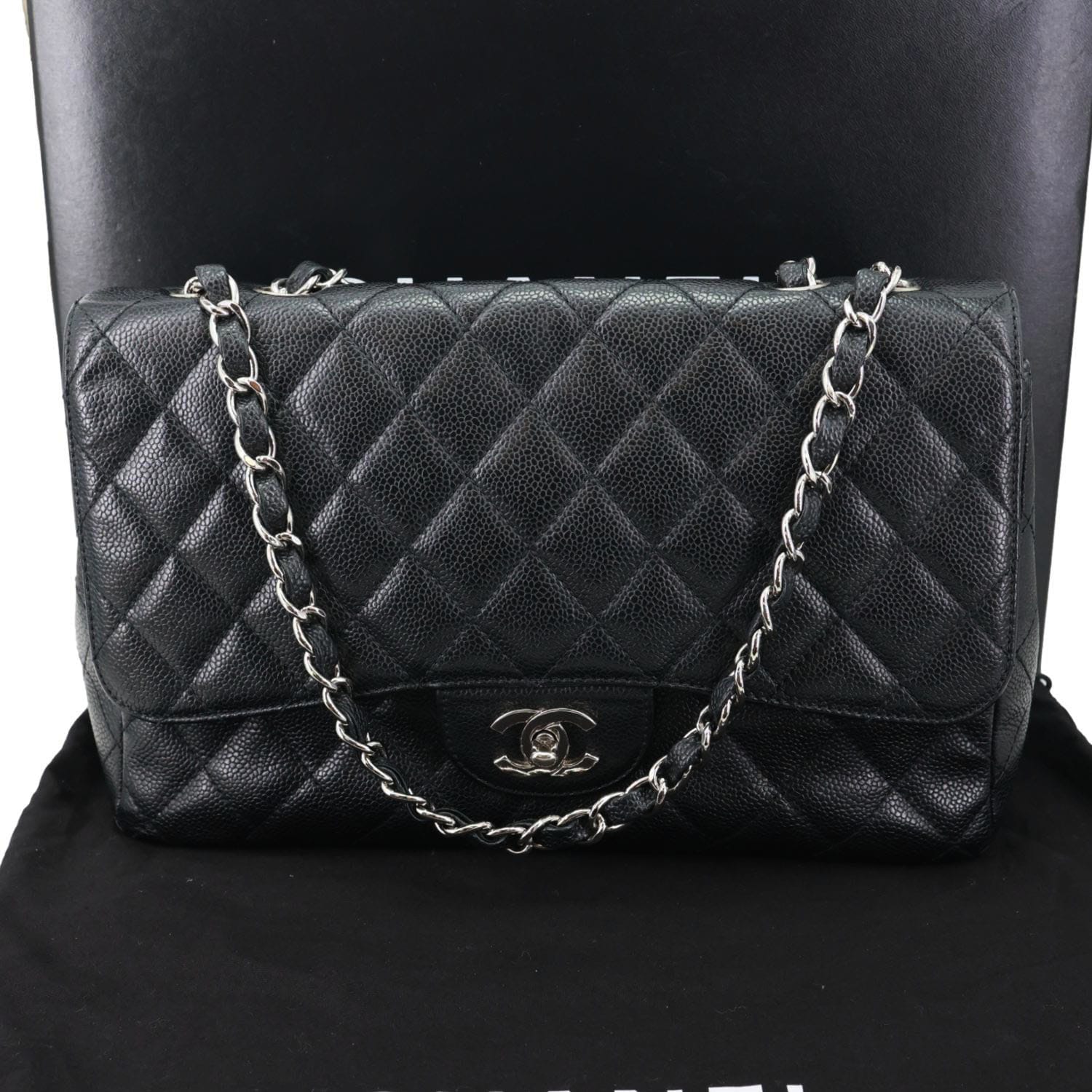 CHANEL Jumbo Classic Single Flap Quilted Caviar Leather Shoulder Bag Black