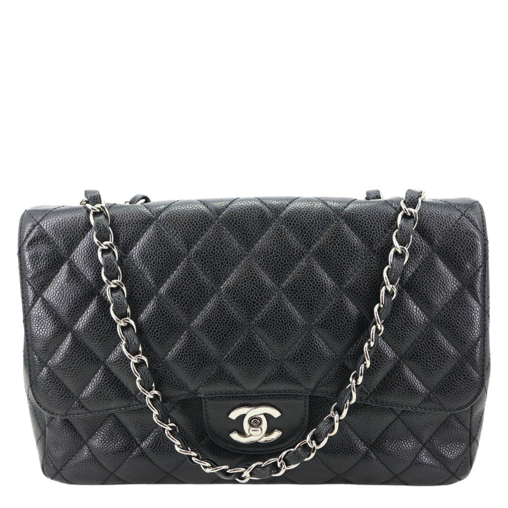 CHANEL Jumbo Classic Single Flap Quilted Caviar Leather Shoulder Bag Black