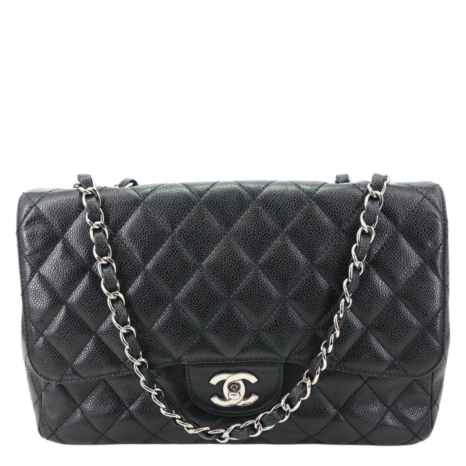 CHANEL Jumbo Classic Single Flap Quilted Caviar Leather Shoulder Bag Black