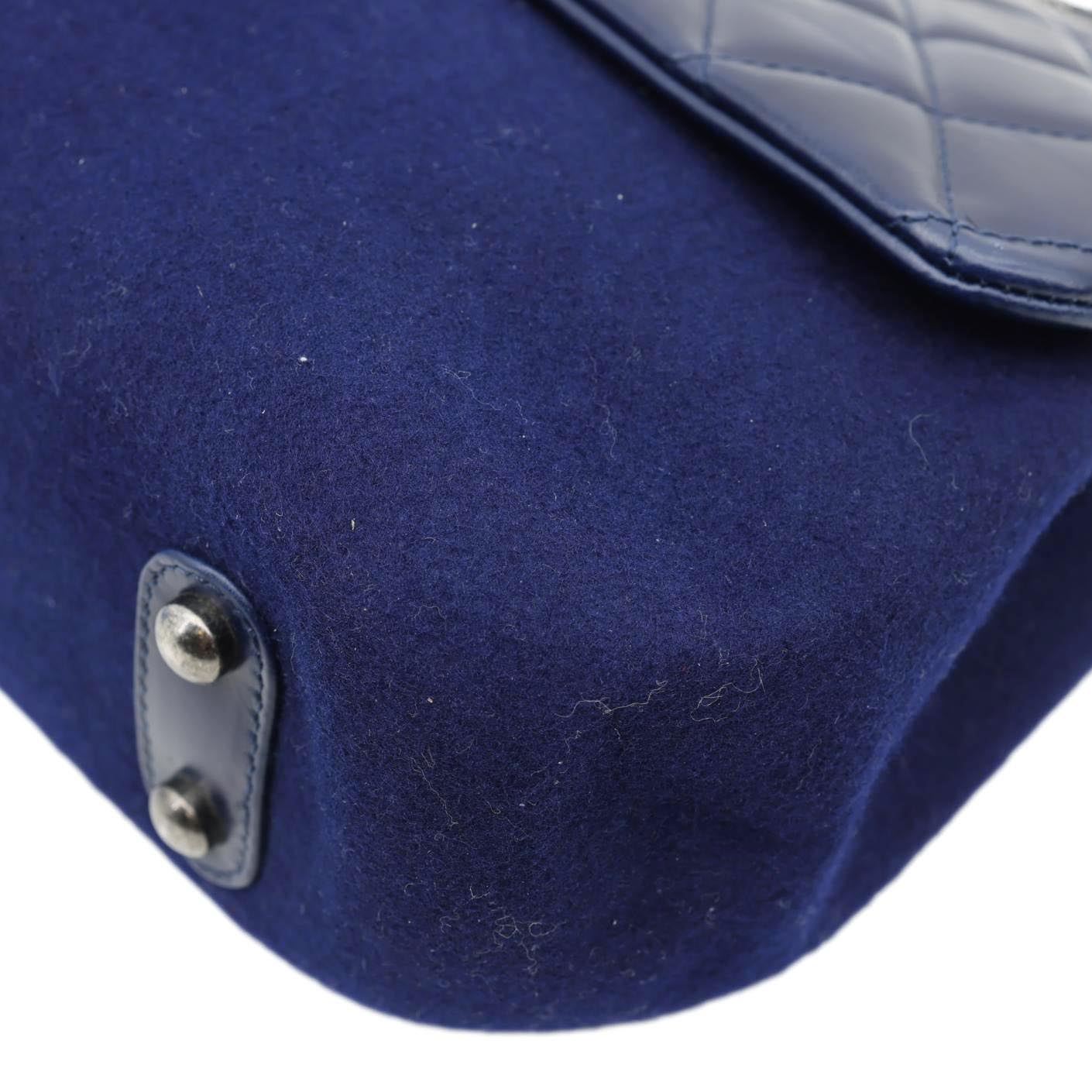 CHANEL Classic Single Flap Wool Leather Shoulder Bag Navy Blue