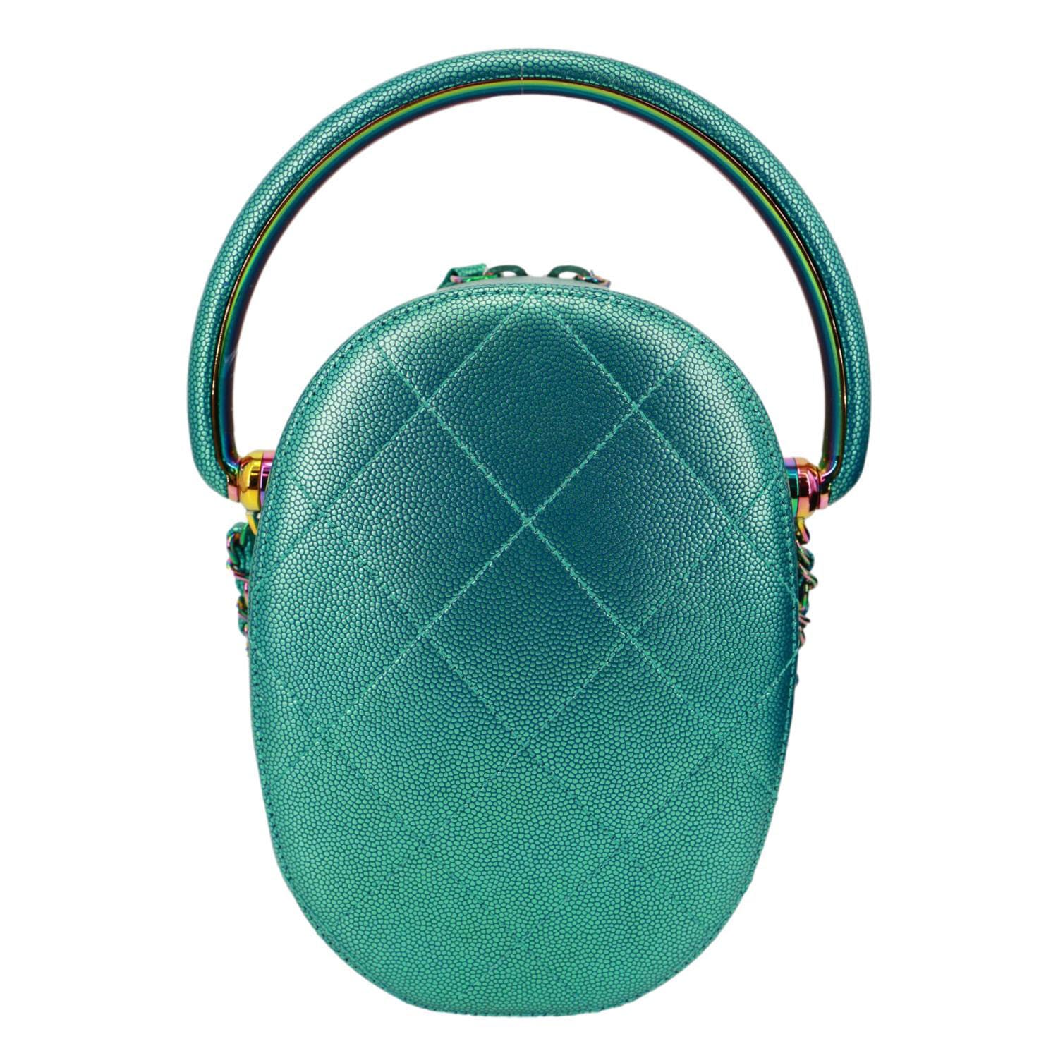 CHANEL Metallic Oval Quilted Caviar Leather Camera Bag Turquoise