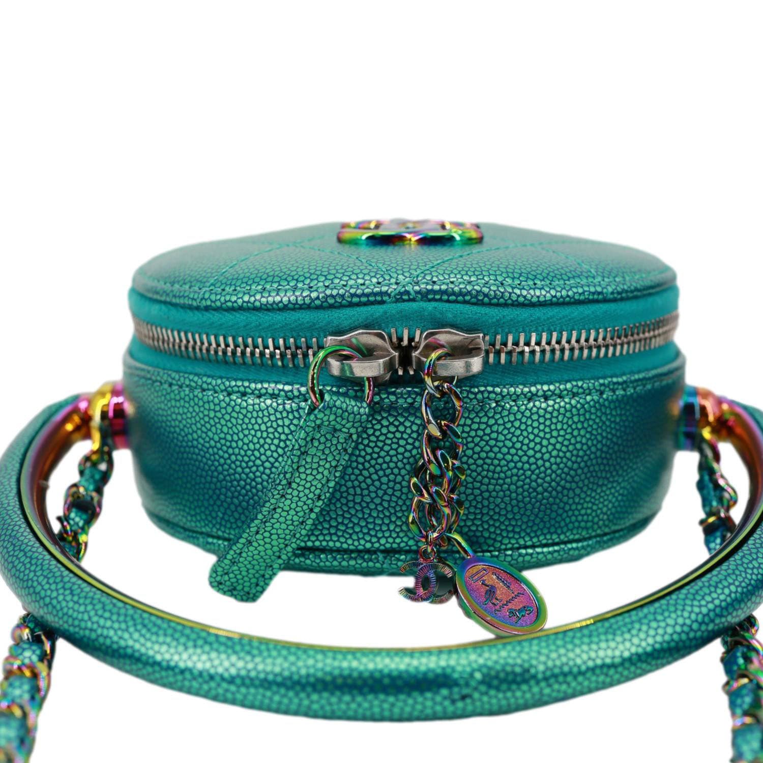 CHANEL Metallic Oval Quilted Caviar Leather Camera Bag Turquoise