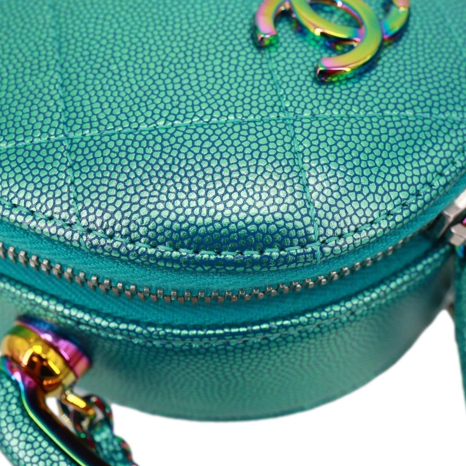 CHANEL Metallic Oval Quilted Caviar Leather Camera Bag Turquoise