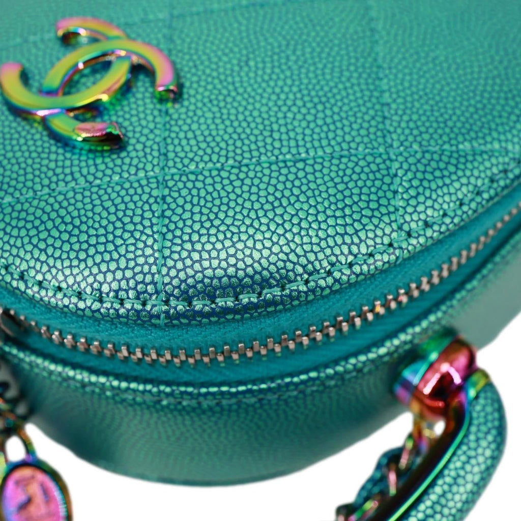 CHANEL Metallic Oval Quilted Caviar Leather Camera Bag Turquoise