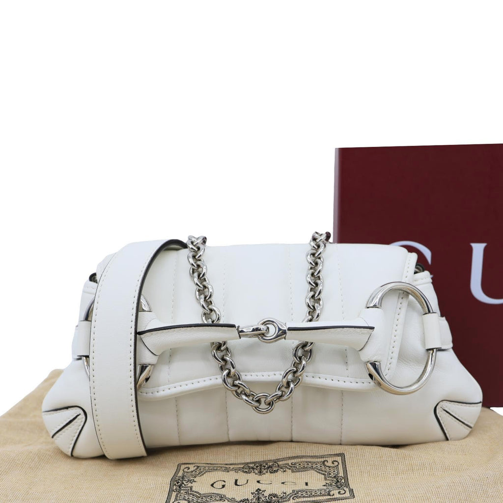 GUCCI Horsebit Quilted Lambskin Leather Chain Shoulder Bag White 764339