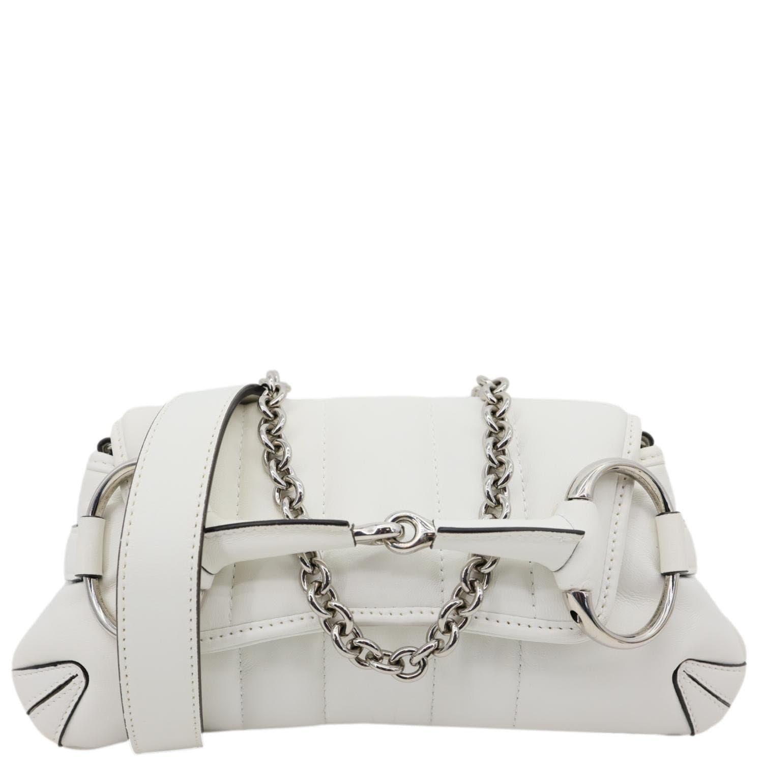 GUCCI Horsebit Quilted Lambskin Leather Chain Shoulder Bag White 764339