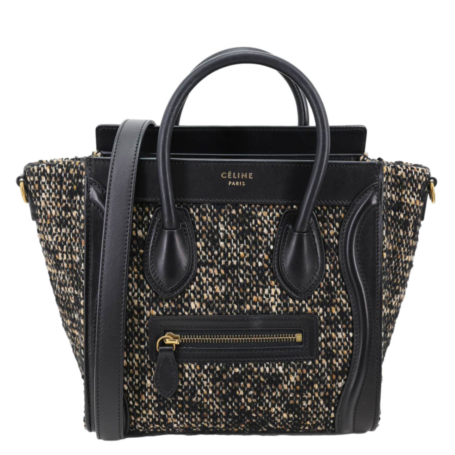 CELINE Nano Luggage Tweed Leather Tote Crossbody Bag Black