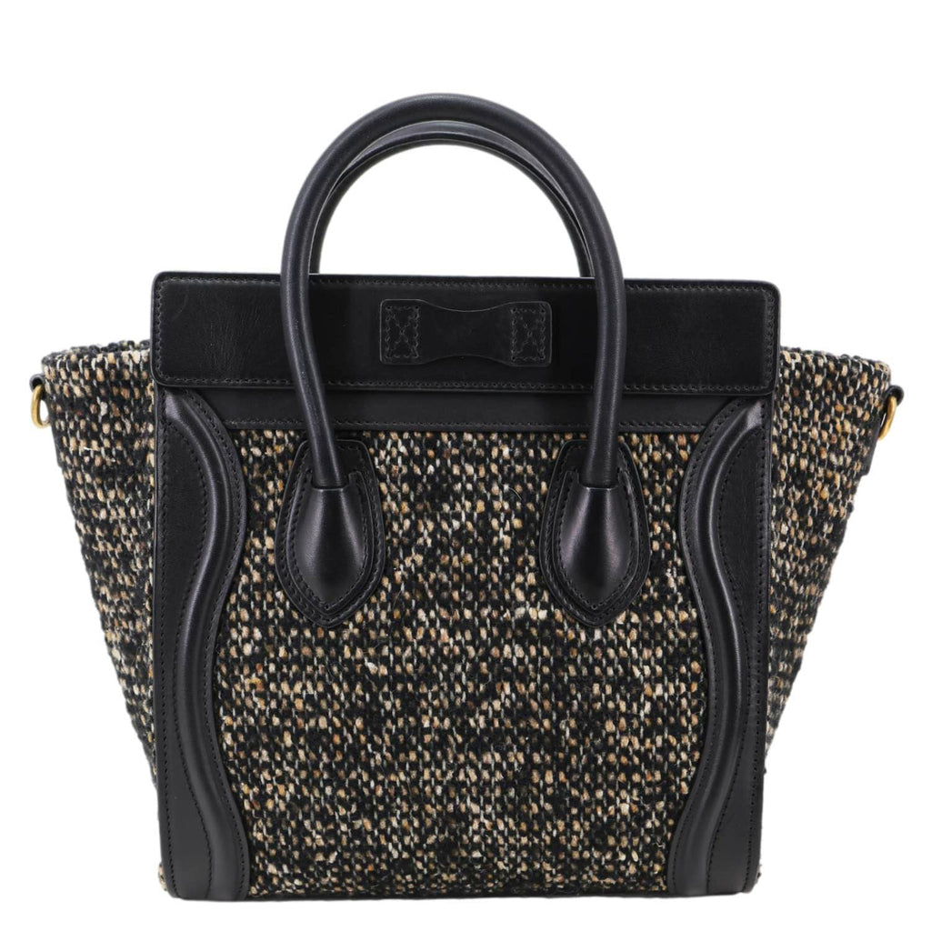 CELINE Nano Luggage Tweed Leather Tote Crossbody Bag Black