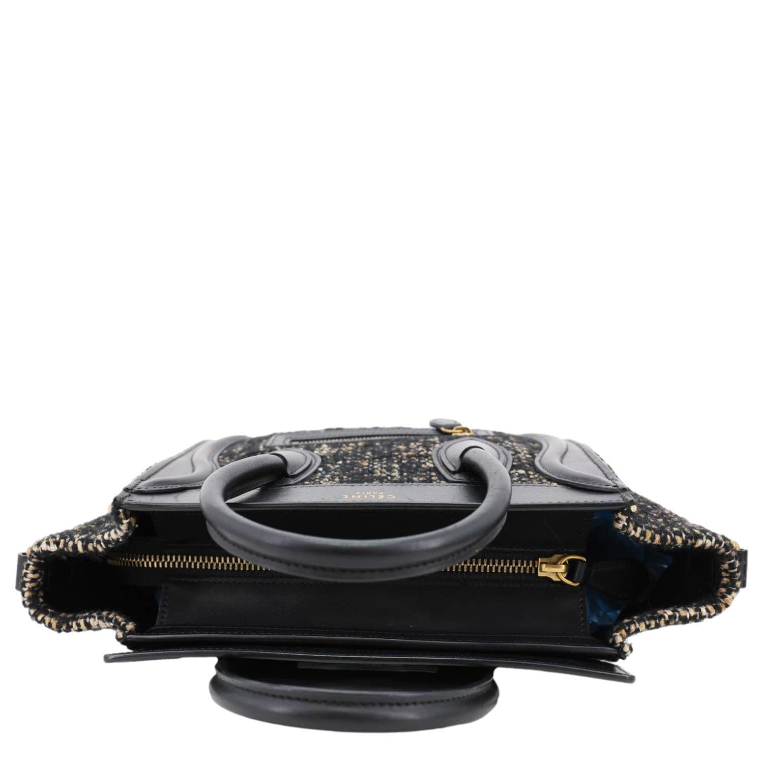 CELINE Nano Luggage Tweed Leather Tote Crossbody Bag Black