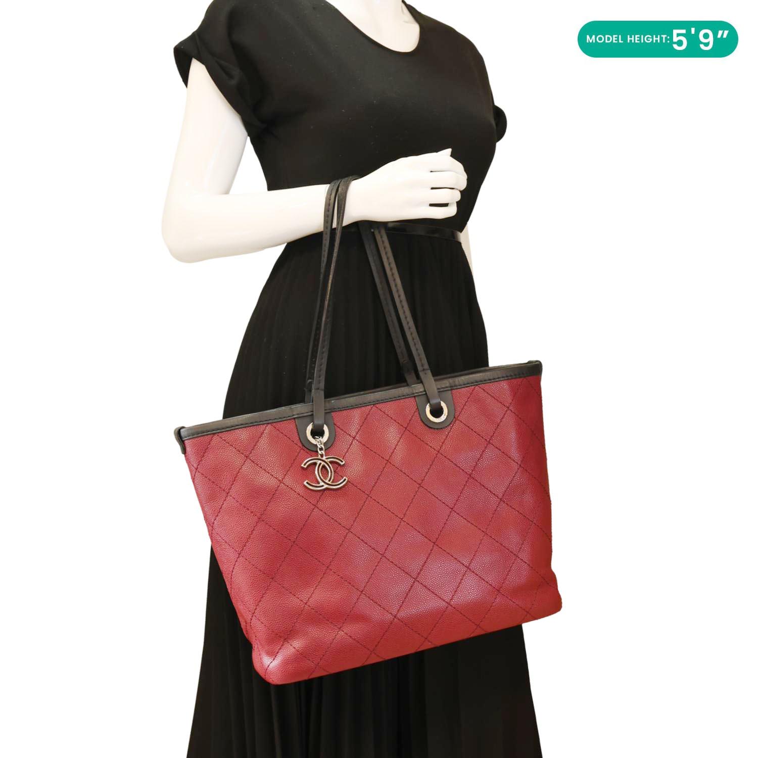 CHANEL Shopping Fever Quilted Caviar Leather Tote Bag Maroon