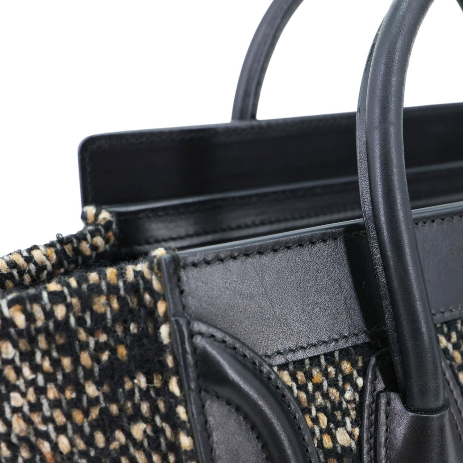 CELINE Nano Luggage Tweed Leather Tote Crossbody Bag Black