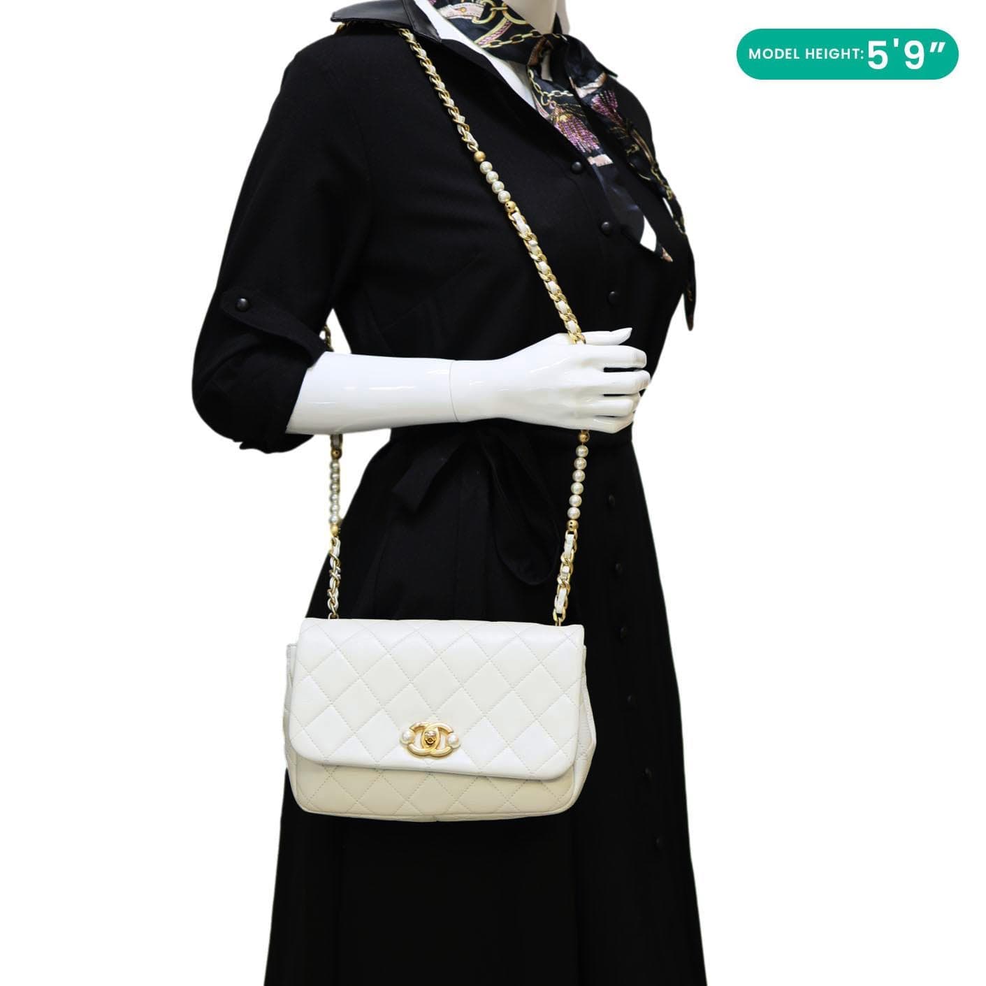 CHANEL Pearl Side Flap Quilted Leather Crossbody Bag White