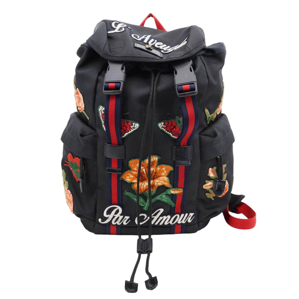 GUCCI L'Aveugle Par Amour Embroidered Techno Web Canvas Backpack Black 478327