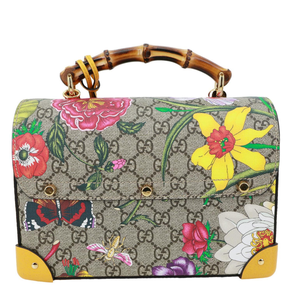 GUCCI Padlock Bamboo Flora GG Supreme Canvas Shoulder Bag Beige 603221