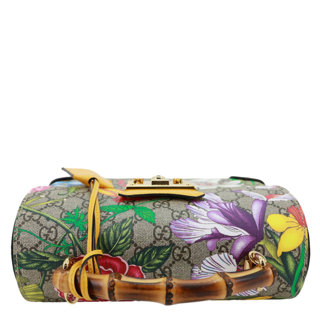 GUCCI Padlock Bamboo Flora GG Supreme Canvas Shoulder Bag Beige 603221