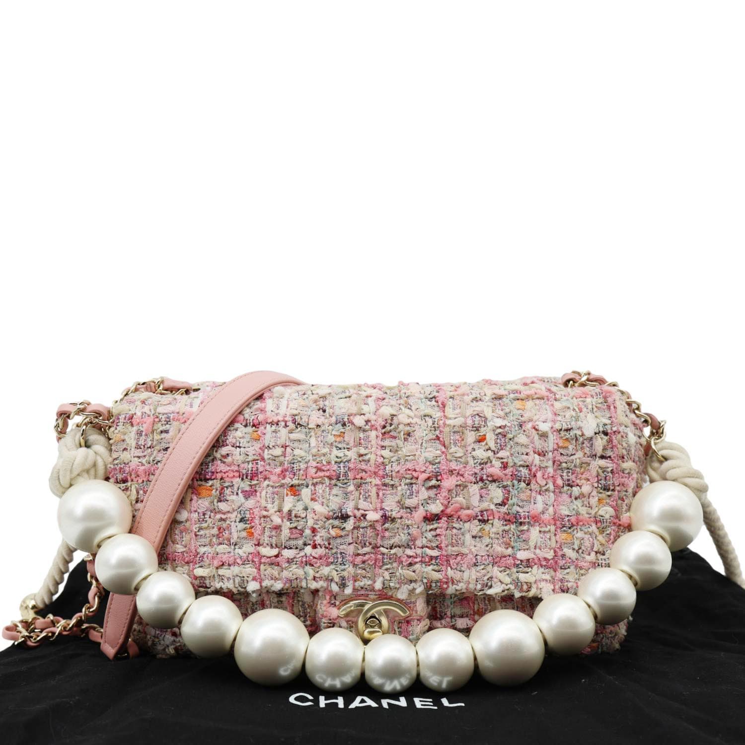 CHANEL Pearl Flap Mini Tweed Top Handle Shoulder Bag Pink