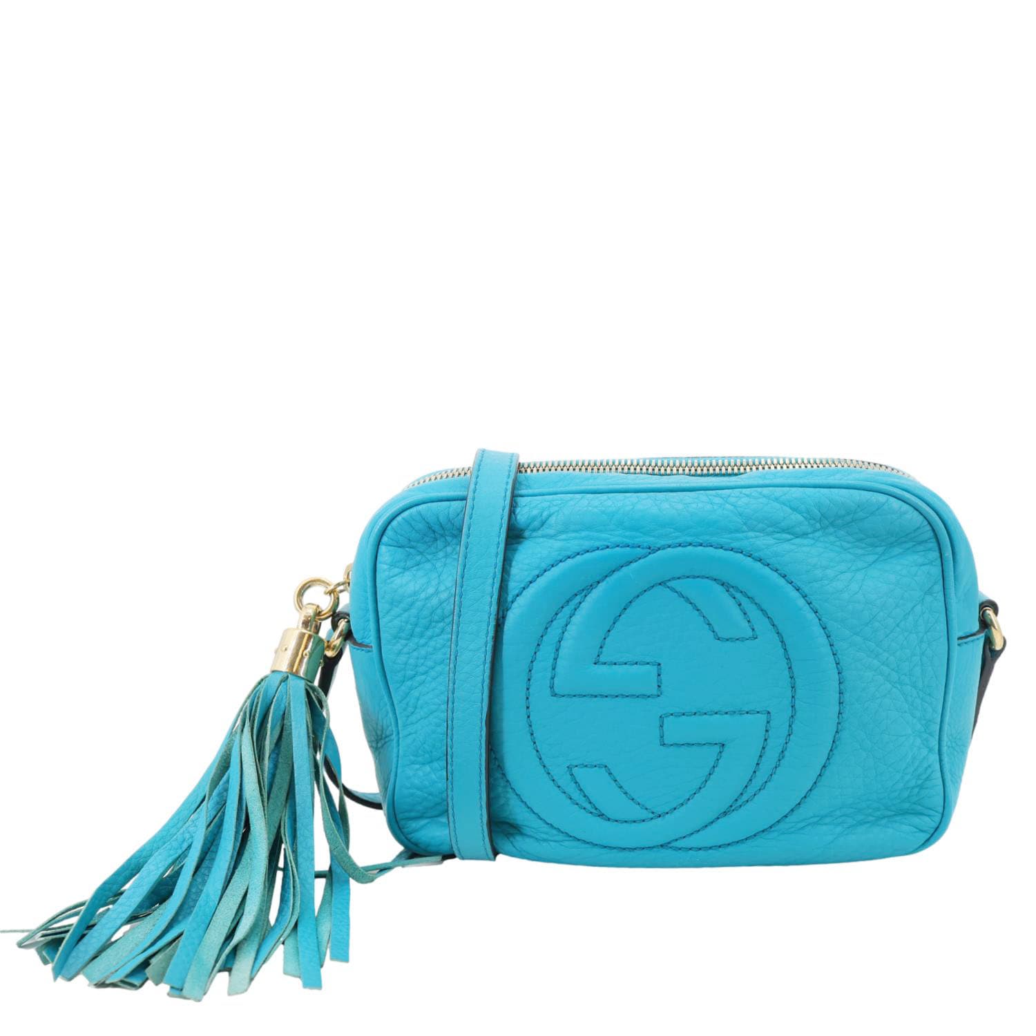 GUCCI Soho Disco Leather Camera Crossbody Bag Teal 308364