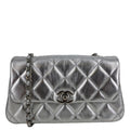 CHANEL Metallic O Phone Holder Quilted Lambskin Leather Chain Bag Silver