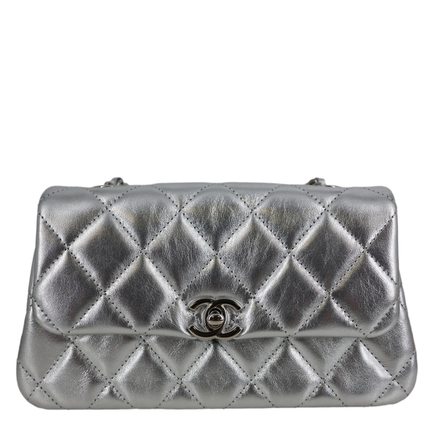 CHANEL Metallic O Phone Holder Quilted Lambskin Leather Chain Bag Silver