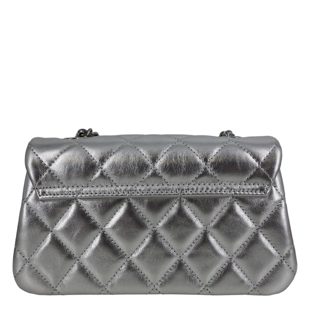 CHANEL Metallic O Phone Holder Quilted Lambskin Leather Chain Bag Silver